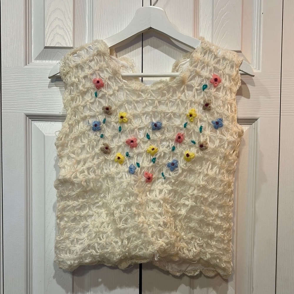 Handmade Vintage Cream Crochet Vest with Floral Embroidery